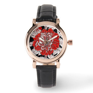 Relógio Flor Nouveau de Arte Negra Vermelha e Branca