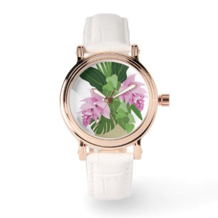 Relógio Flor rosa Tropical Medinilla Rosa em Branco
