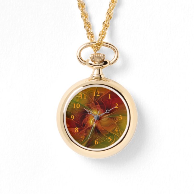 Relógio Flor verde-laranja-abstrato Vermelho Castanho-Cast (Frente)