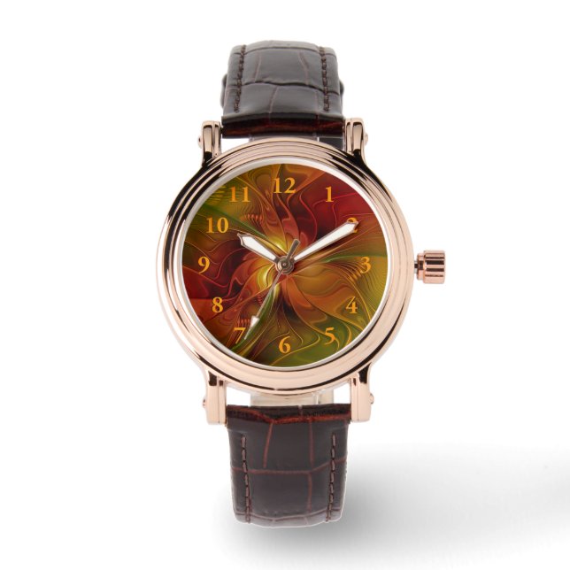 Relógio Flor verde-laranja-abstrato Vermelho Castanho-Cast (Frente)