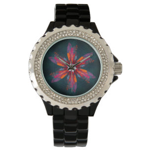Relógio Floral Flores de Mandala Laranja Vermelho Abstrato