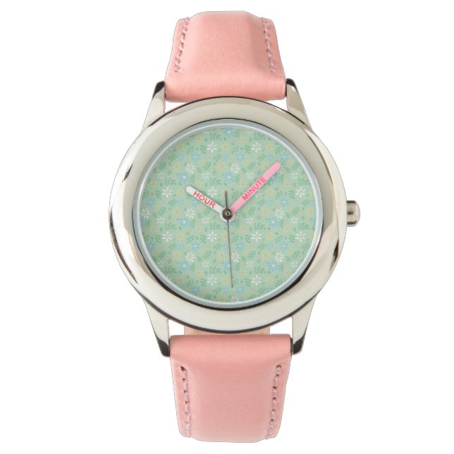 Relógio Floral Verde Suave com Flores Amarelas Azuis Branc (Frente)