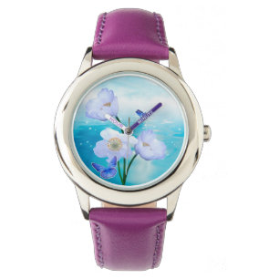 Relógio Flores de Borboleta Chá de Azul Água