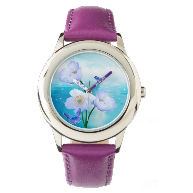 Relógio Flores de Borboleta Chá de Azul Água (Frente)