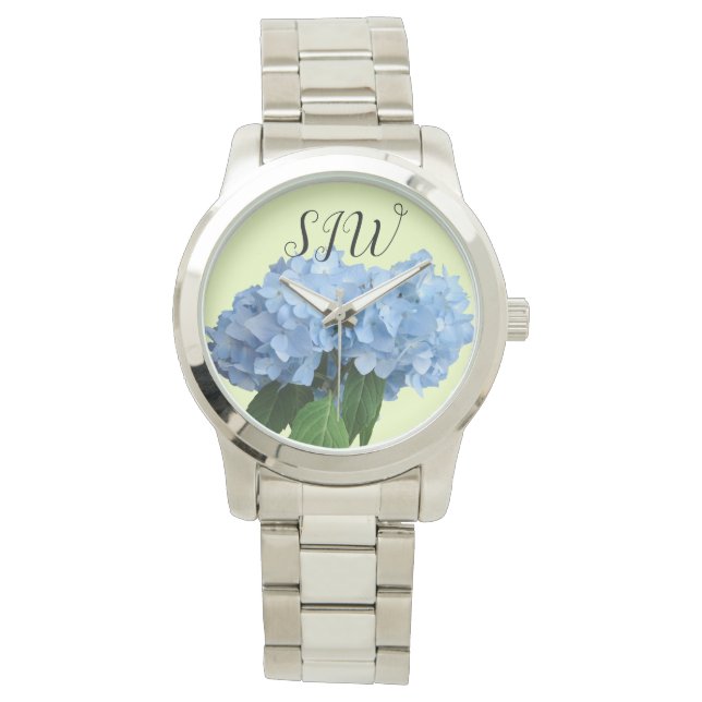 Relógio Flores de Hortênsia Azul Monogramadas para Mulhere (Frente)