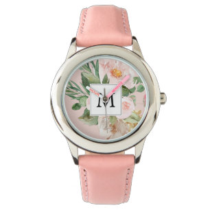 Relógio Flores Rosa Cor-de-Água Moderna Monogramadas