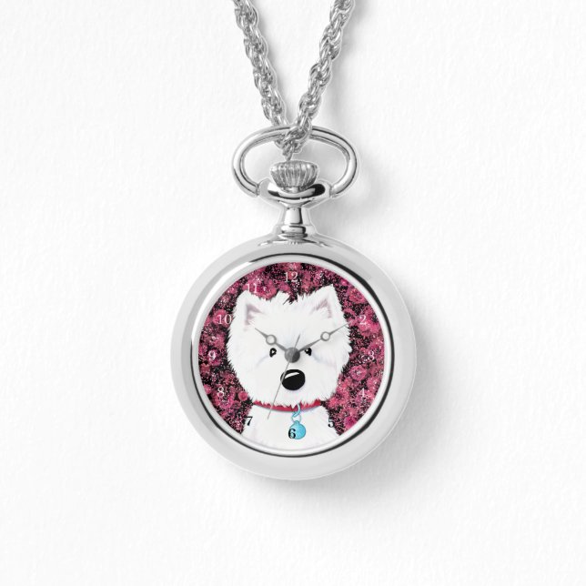 Relógio Fluffy Westie Rosa Necklace Watch (Frente)
