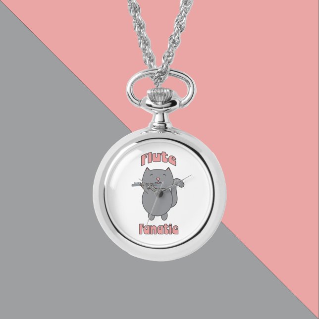 Relógio Flute Fanatic Gray Cat Funny (A watch necklace with a cute gray cat and the text flute fanatic in pink.)