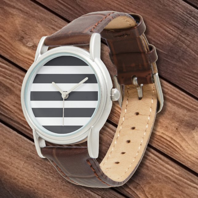 Relógio Folha branca branca branca-branca-branca-branca-br (Simple Elegant Modern Classic. Black & White Stripes Silver and Leather Strap Watch.)