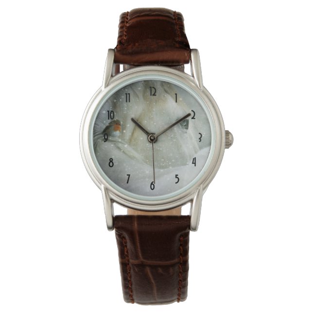 Relógio Foto de um Cavalo Branco e Pássaro no inverno (Frente)