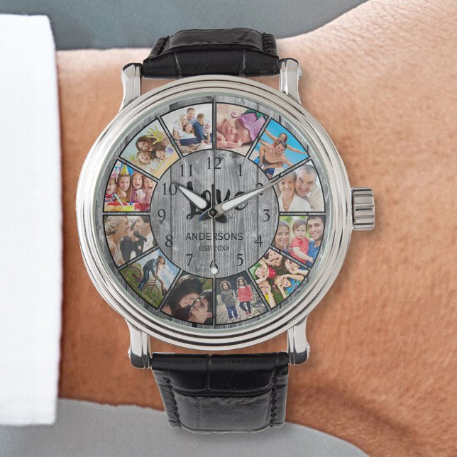 Relógio Foto Personalizada Colagem de Fotografias Rustic F (Criador carregado)