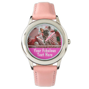Relógio Foto Personalizada e Texto Corações Rosa Girly B
