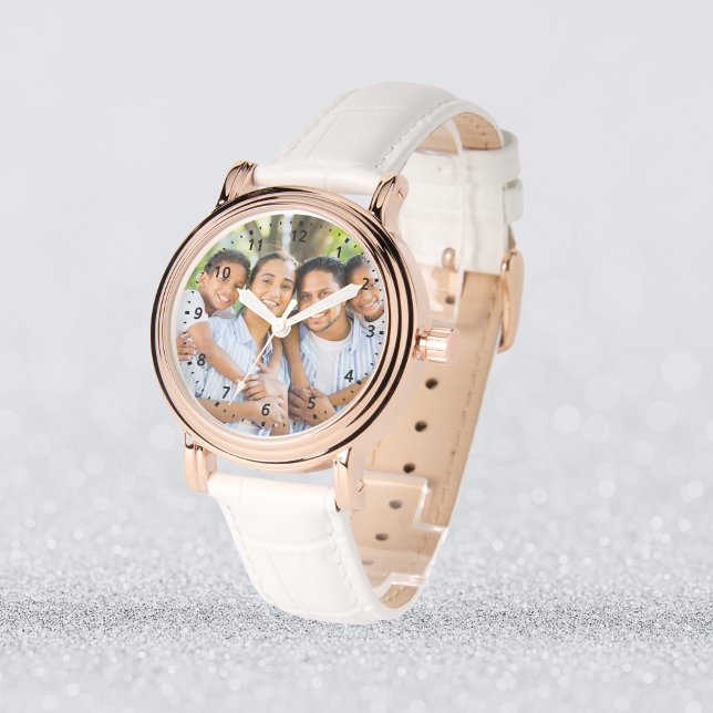 Relógio Foto personalizada - Rosa Dourado e couro branco (Custom Photo – Rose Gold & White Leather Watch
)