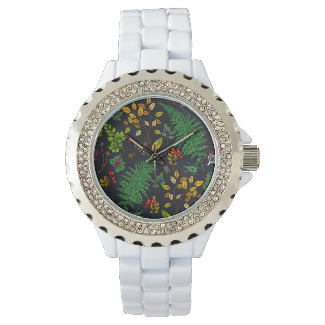 Relógio Framboesas, folhas e insetos de grafite preto (Frente)