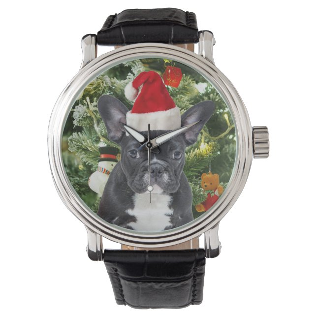 Relógio Francês Bulldog Ornamento de Árvore de Natal Snowm (Frente)