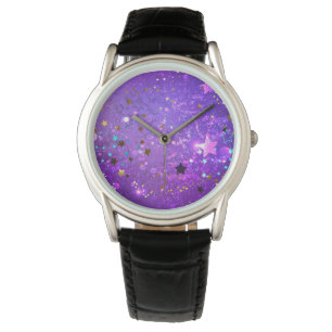 Relógio Fundo de folhas roxas com estrelas