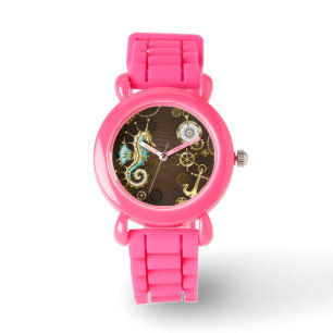 Relógio Fundo de madeira com cavalo de mar mecânico