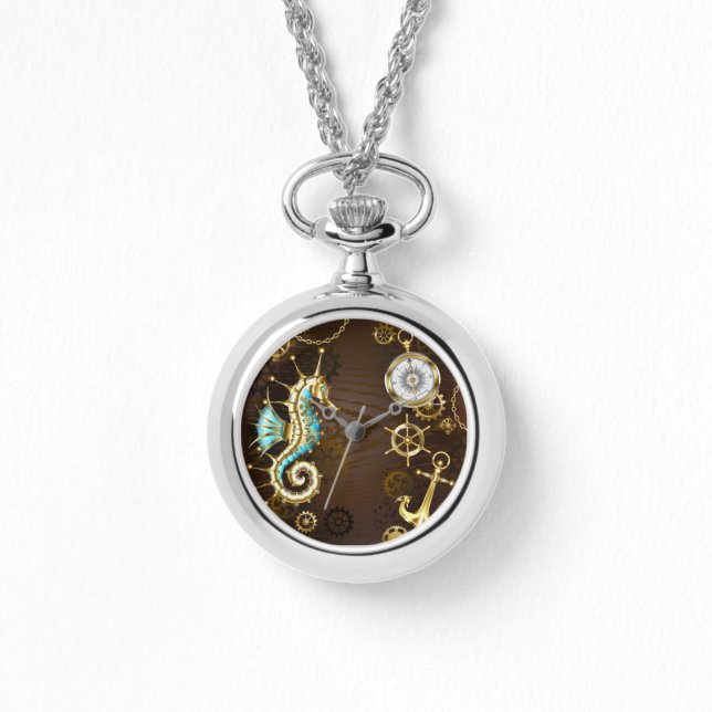 Relógio Fundo de madeira com cavalo de mar mecânico (Frente)