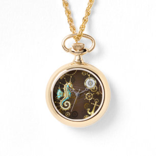 Relógio Fundo de madeira com cavalo de mar mecânico