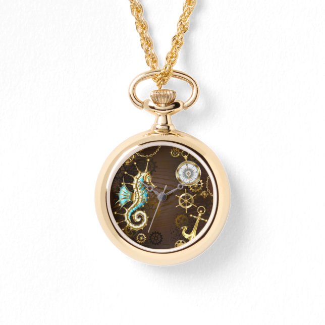 Relógio Fundo de madeira com cavalo de mar mecânico (Frente)