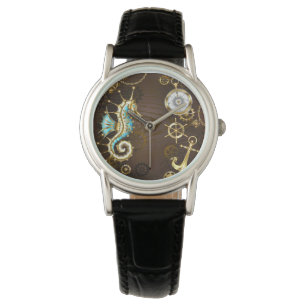 Relógio Fundo de madeira com cavalo de mar mecânico