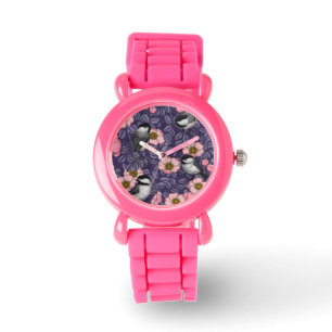 Relógio Galinhas na rosa selvagem de rosa e violeta