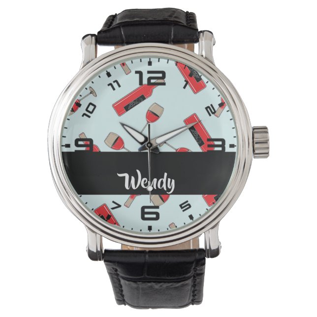 Relógio Garrafas de vinho tinto e padrão de óculos (Frente)