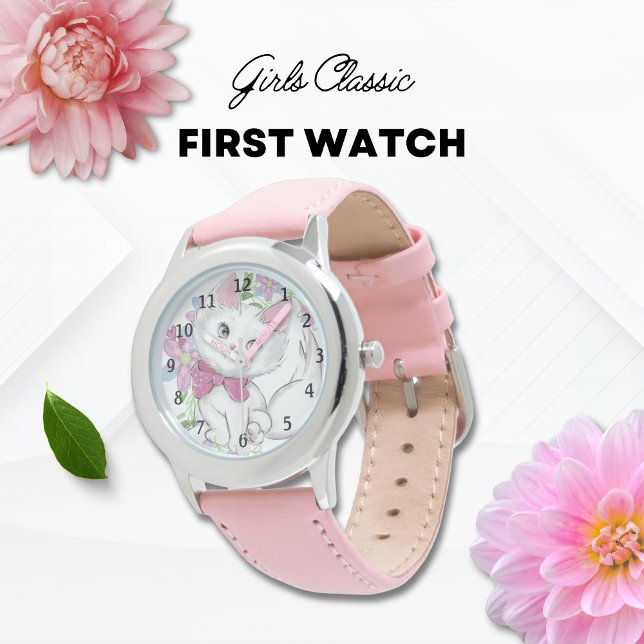 Relógio Gatinho Adorável Flores do PInk (GIRLS CLASSIC PINK KITTEN FLORAL FIRST WATCH)