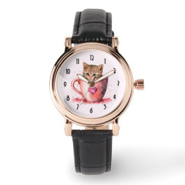 Relógio Gatinho Bonito num Teacup com Corações