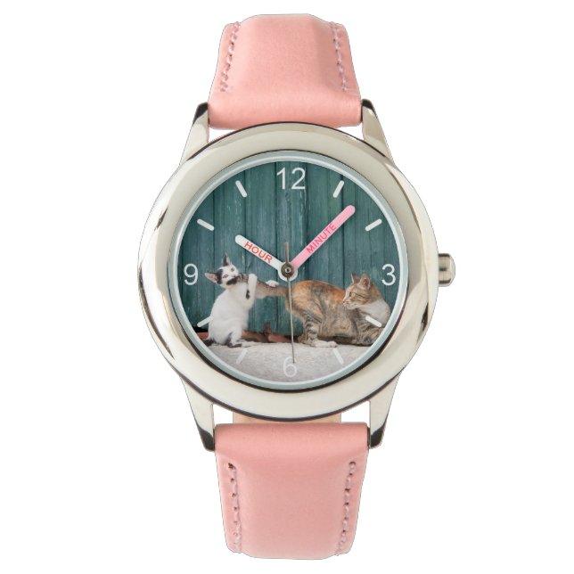 Relógio Gatinho Bonito Perseguindo Mãe Folha Engraçada Fot (Frente)