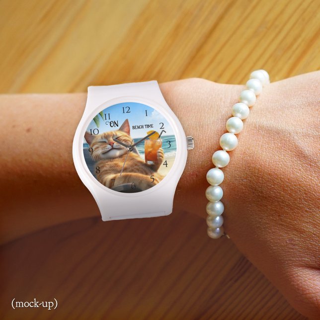 Relógio Gatinho no Beach Summer Sun (Watch featuring a colorful painting of a kitty enjoying a drink on the beach.)
