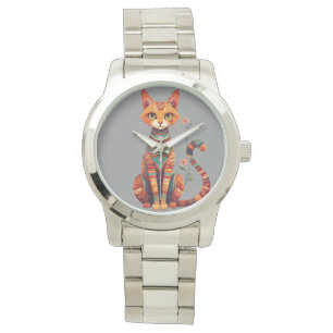 Relógio Gato Artístico Fofo com Ramo Floral