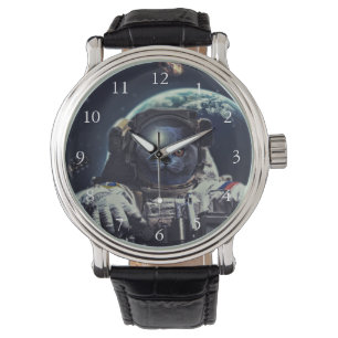 Relógio Gato de Astronauta Engraçado no Ar Curto em Spa