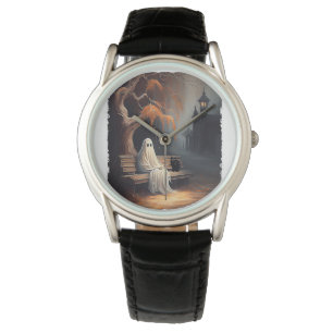 Relógio Gato Negro E Fantasma Sentados Em Bench Halloween