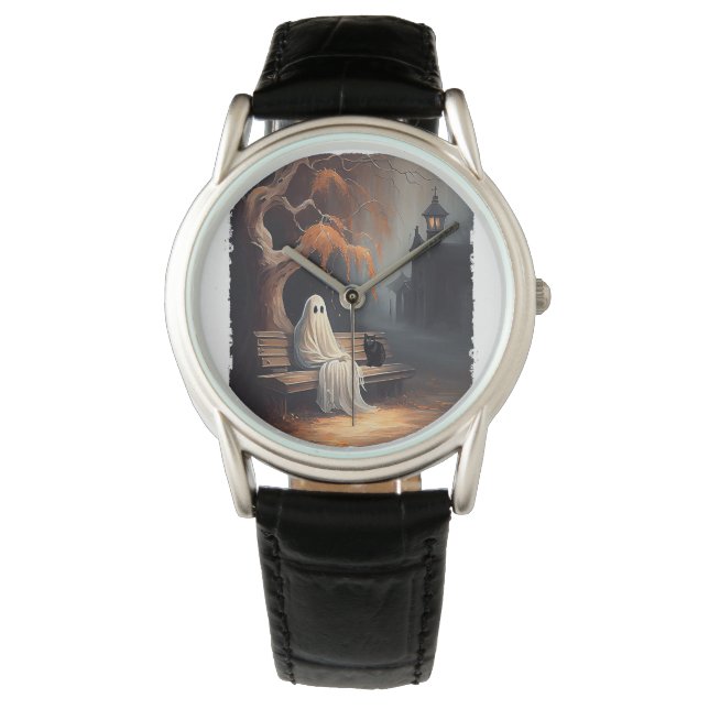 Relógio Gato Negro E Fantasma Sentados Em Bench Halloween  (Frente)