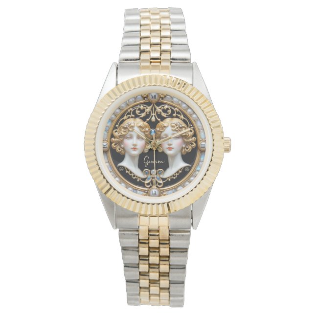 Relógio Gêmeos Gemini, Pérolas e Dourados Personalizados (Frente)