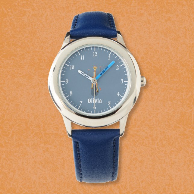 Relógio Giraffe on a Unicycle Kid Blue Watch with Name (Funny giraffe on a unicycle kid personalized beginner watch .)