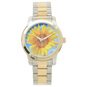 Relógio Girassol Amarelo e Abelhas no Céu Azul - Dia do V