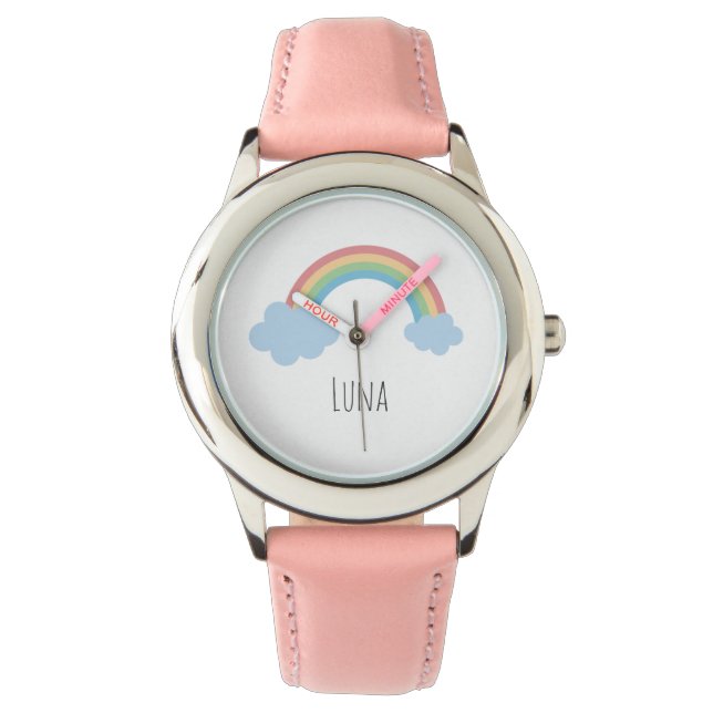 Relógio Girls Cute Boho Watercolor Rainbow and Name (Frente)