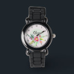 Relógio Girls Cute Spring Botanical Flowers and Name Kids<br><div class="desc">This gorgeous floral kids watch design features cute spring watercolor flowers and numbers,  and has space for you to write your girls name in an elegant font. A perfect pastel,  botanical gift for your little one.</div>
