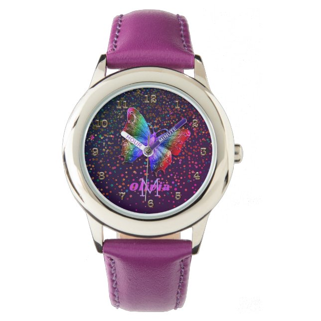 Relógio Girls Purple Butterfly Glitter Nome Personalizado (Frente)