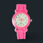 Relógio Girls Tropical Watercolor Flamingo e Kids<br><div class="desc">Este design tropical giro e caprichoso apresenta um flamingo de aquarela rosa lindo com espaço para adicionar o nome da sua garota! O presente tropical de verão perfeito para qualquer criança ou criança.</div>