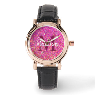 Relógio Girly Glam Cor-de-Rosa Brilhante Monograma