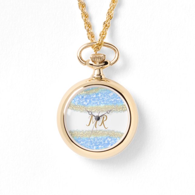 Relógio glitter dourado azul glitter glitter nome monogram (Frente)