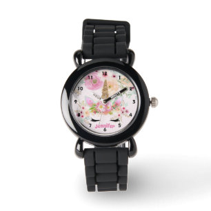 Relógio Glitter Dourado Rosa Unicorn Face Flores Garotas P
