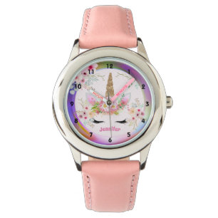 Relógio Glitter Dourado Rosa Unicorn Face Flores Garotas P