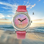 Relógio gnomo de praia rosa flamingo, adiciona nome<br><div class="desc">gnomo de praia rosa flamingo,  adicione nome crianças Assistam</div>