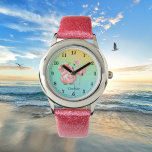 Relógio gnomo de praia rosa flamingo, adiciona nome<br><div class="desc">gnomo de praia rosa flamingo,  adicione nome crianças Assistam</div>