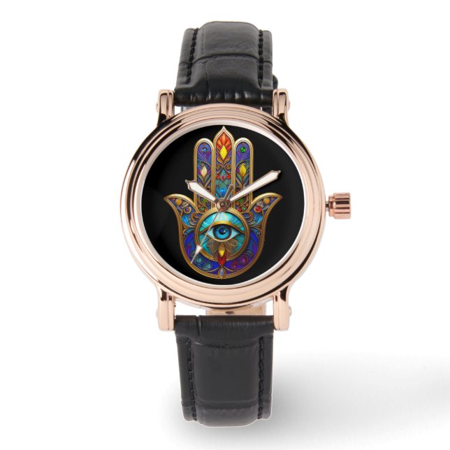 Relógio Gold Colorful Hamsa Turquoise Sapphire Third Eye  (Frente)