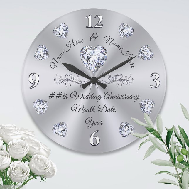 Relógio Grande 10º, 75º, 60º Aniversário do Diamante Presentes,  (10 year anniversary gift for wife. Diamond anniversary clock. 10th anniversary gift for couple.)